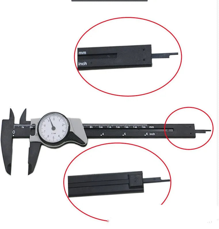 Plastic vernier caliper measuring tool showing 0-150mm range with black straightedge design
