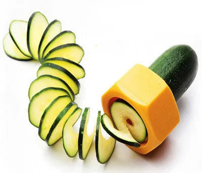Yellow and green food-grade ABS plastic spiral vegetable cutter for slicing cucumbers.