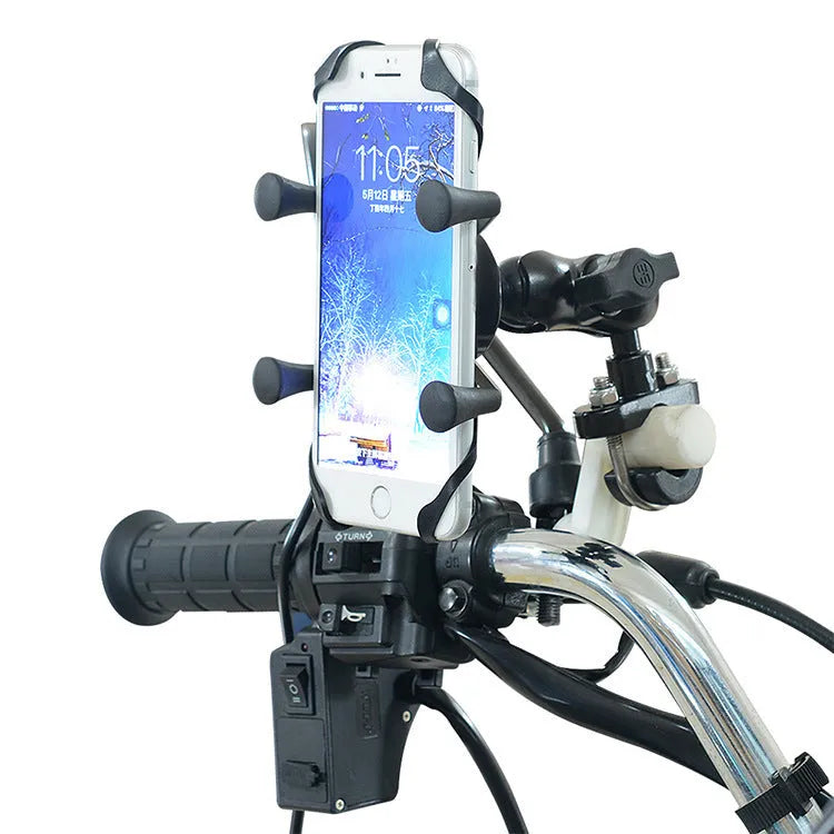 Black aluminum alloy motorcycle phone bracket mounted on handlebar holding smartphone
