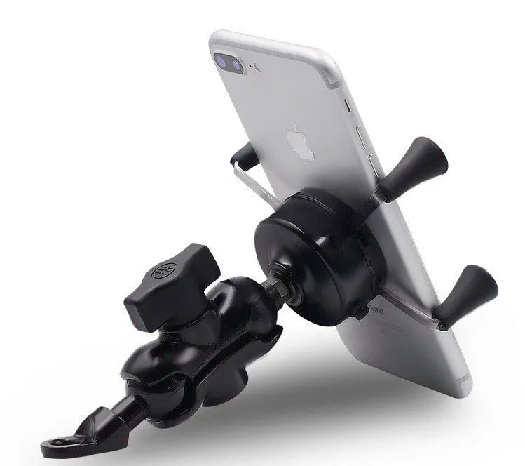 Black aluminum alloy motorcycle phone bracket mounted on handlebar holding smartphone