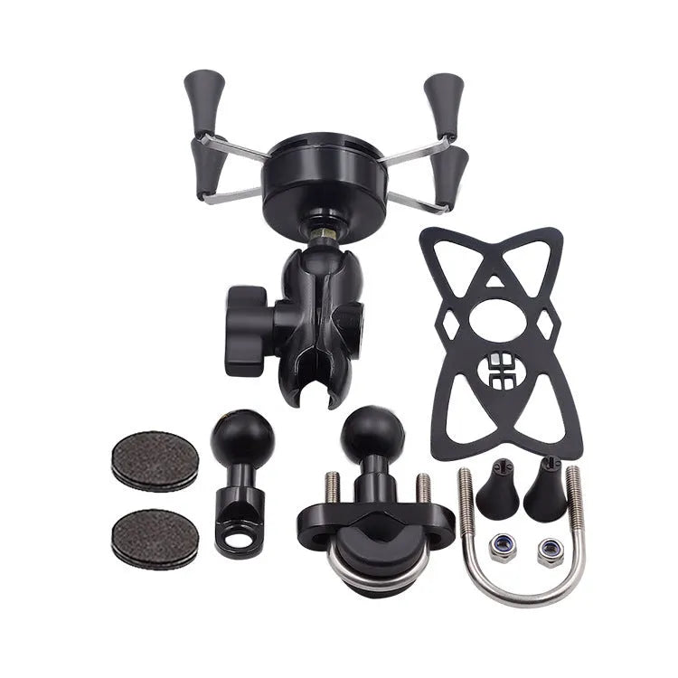 Black aluminum alloy motorcycle phone bracket mounted on handlebar holding smartphone