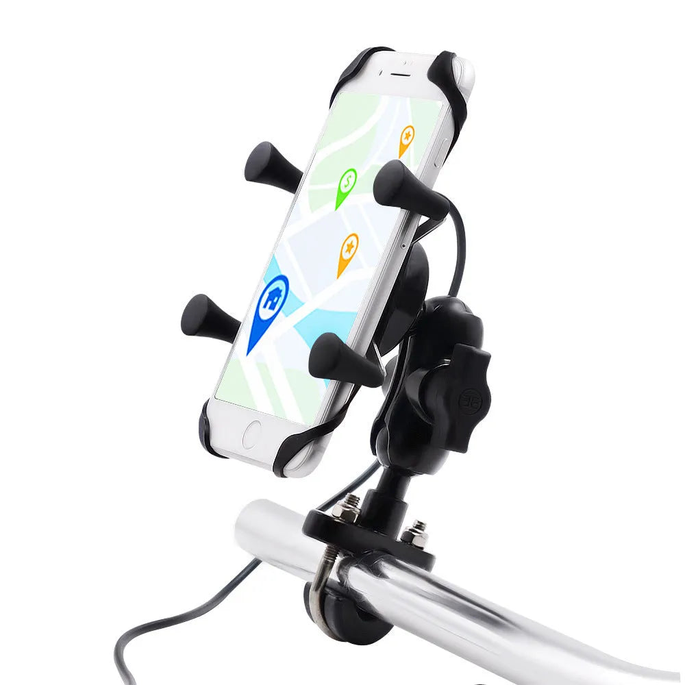 Black aluminum alloy motorcycle phone bracket mounted on handlebar holding smartphone
