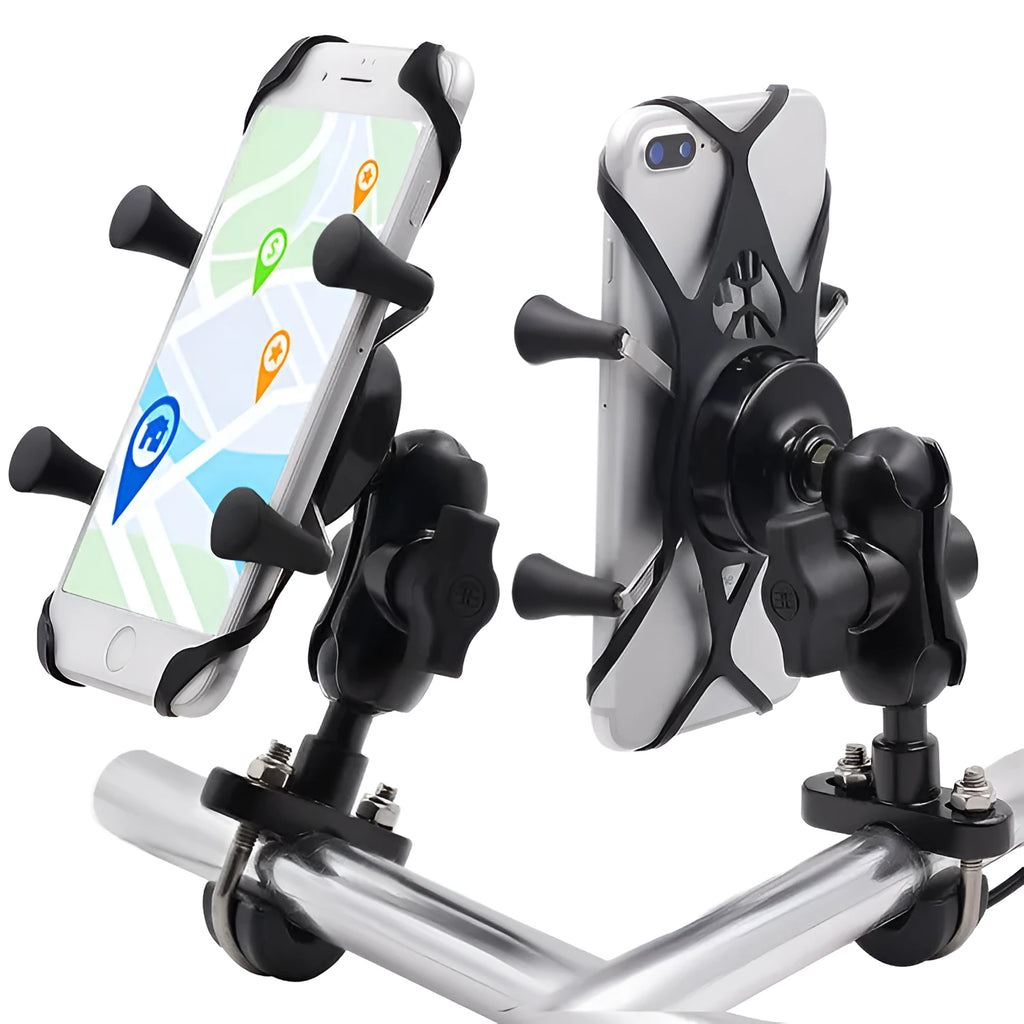 Black aluminum alloy motorcycle phone bracket mounted on handlebar holding smartphone
