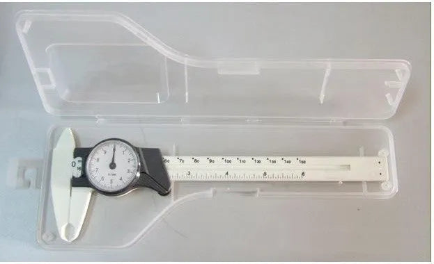 Plastic vernier caliper measuring tool showing 0-150mm range with black straightedge design