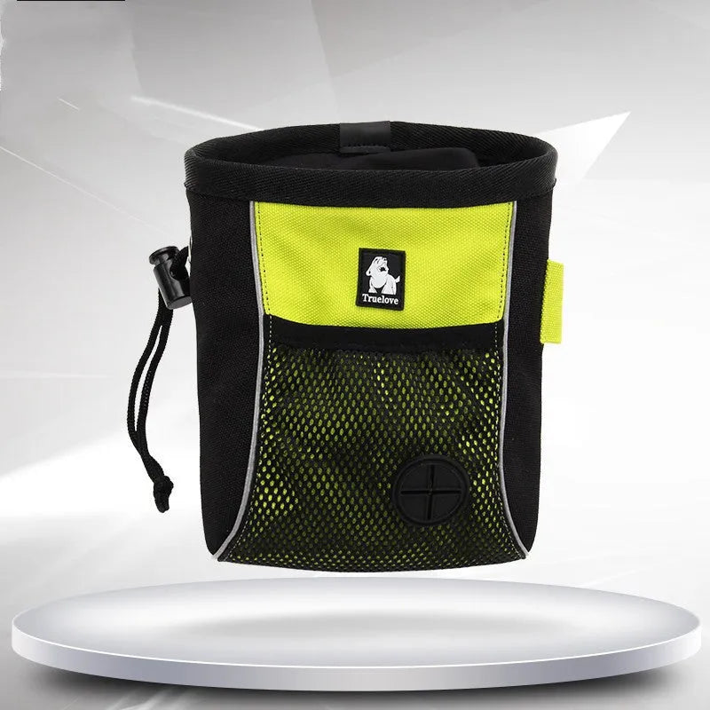 True Love canvas dog training waist bag in green with removable waste bag dispenser and mesh back panel.