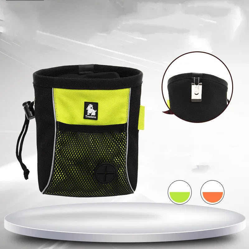 True Love canvas dog training waist bag in green with removable waste bag dispenser and mesh back panel.