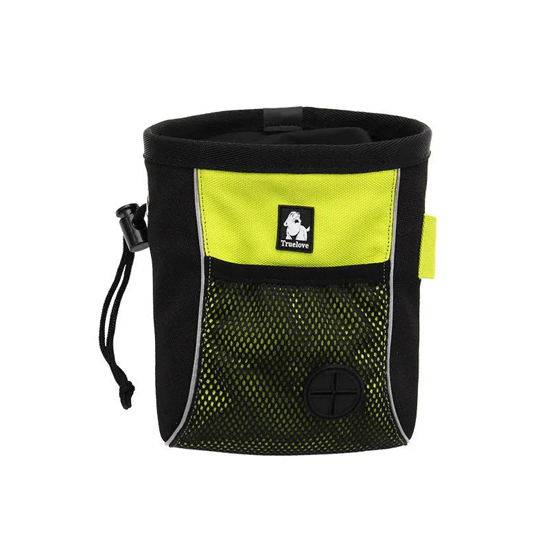 True Love canvas dog training waist bag in green with removable waste bag dispenser and mesh back panel.