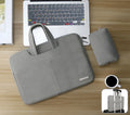 Blue waterproof PU leather laptop bag open to show internal shock-resistant liner and multiple zipper pockets for computer and phone.