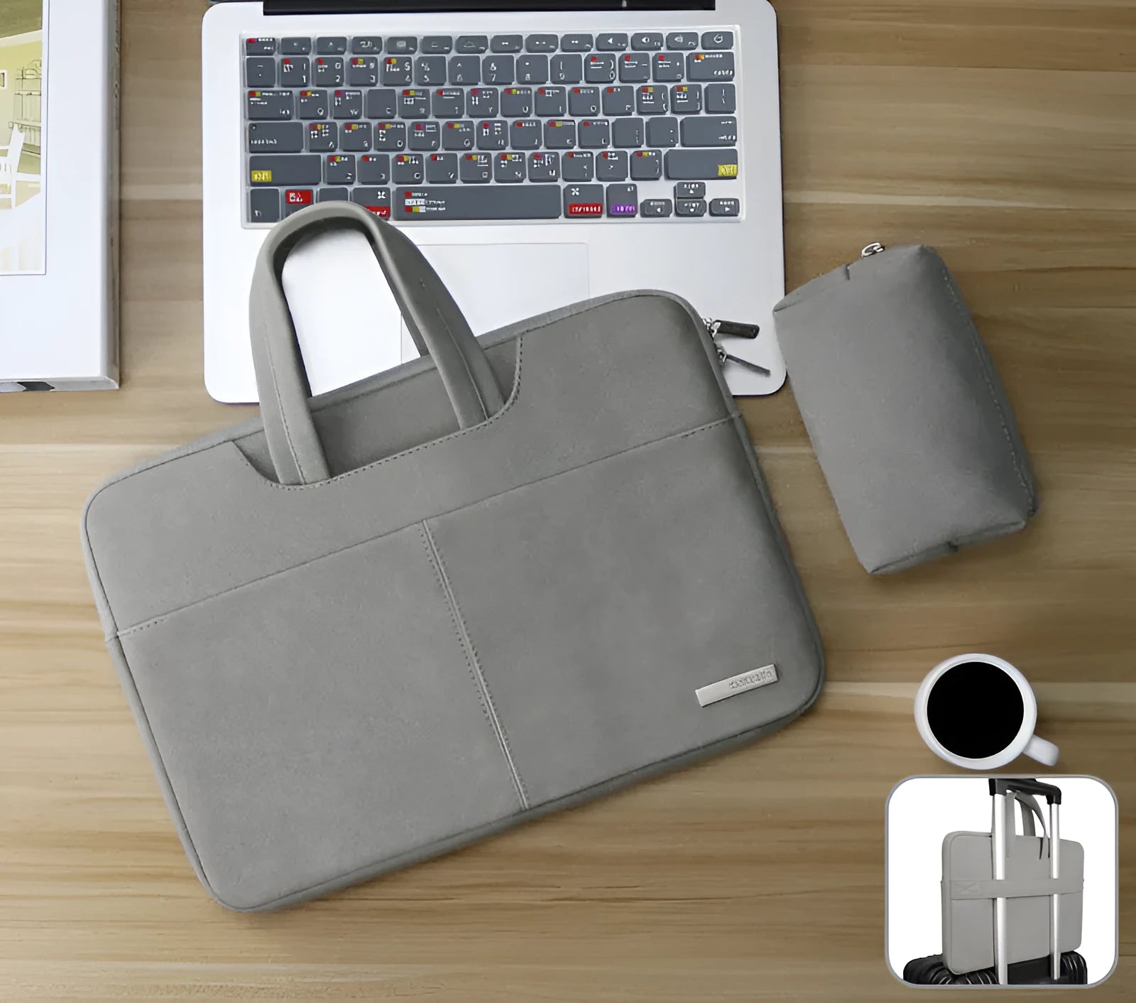 Blue waterproof PU leather laptop bag open to show internal shock-resistant liner and multiple zipper pockets for computer and phone.