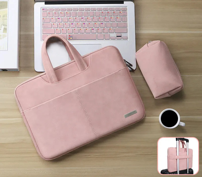 Blue waterproof PU leather laptop bag open to show internal shock-resistant liner and multiple zipper pockets for computer and phone.