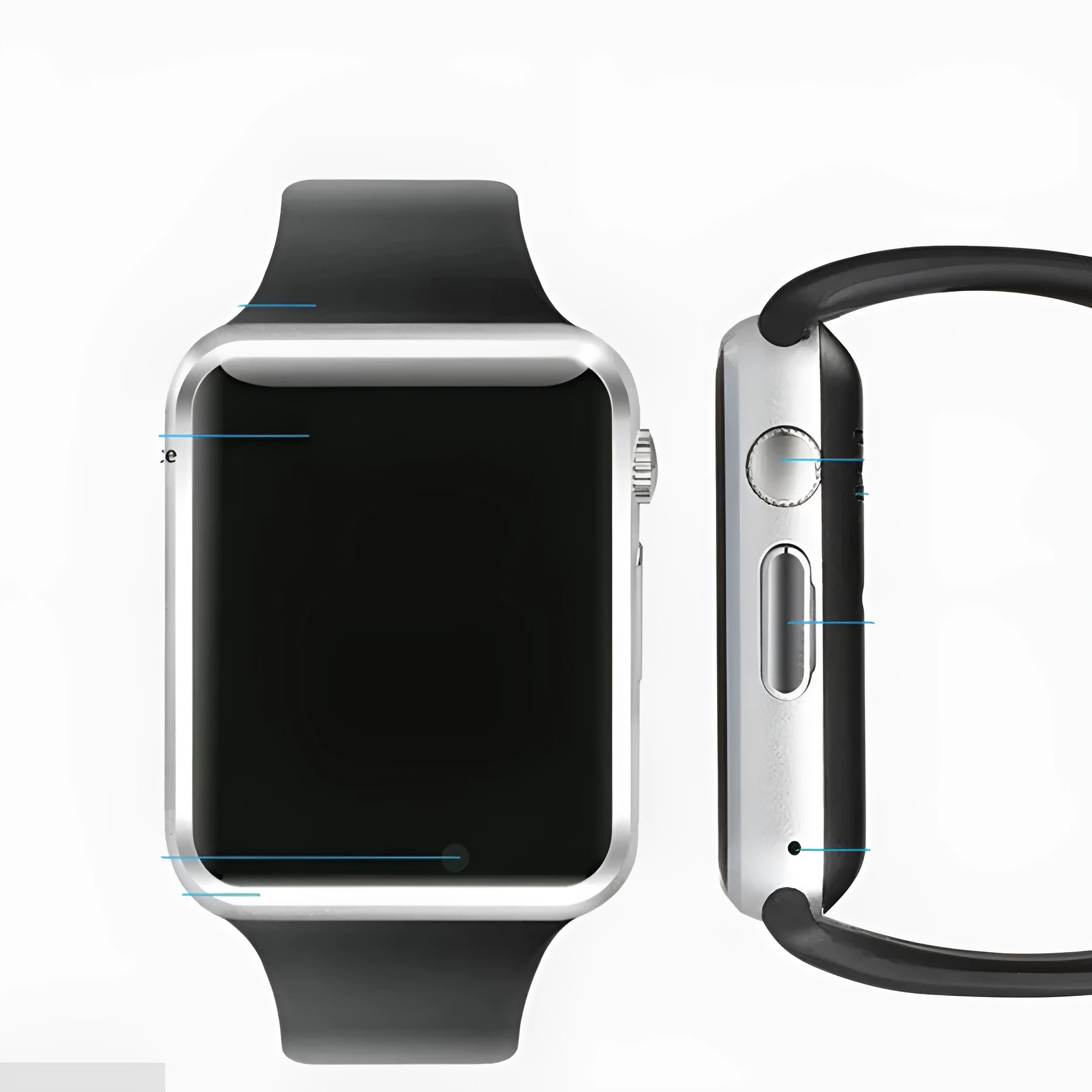 A1 Smart Watch with 1.54 inch touchscreen display showing interface, GSM SIM slot, and camera lens