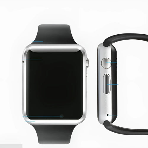 A1 Smart Watch with 1.54 inch touchscreen display showing interface, GSM SIM slot, and camera lens