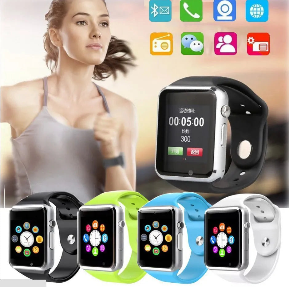 A1 Smart Watch with 1.54 inch touchscreen display showing interface, GSM SIM slot, and camera lens
