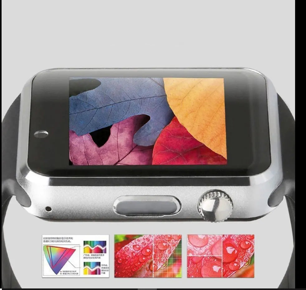 A1 Smart Watch with 1.54 inch touchscreen display showing interface, GSM SIM slot, and camera lens