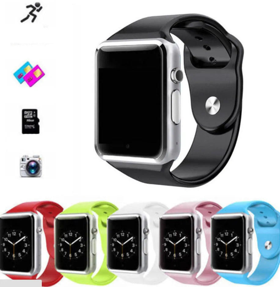 A1 Smart Watch with 1.54 inch touchscreen display showing interface, GSM SIM slot, and camera lens