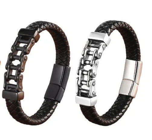 Men's black leather braided magnetic bracelet with titanium steel inlay, U-shape design, 19cm size option