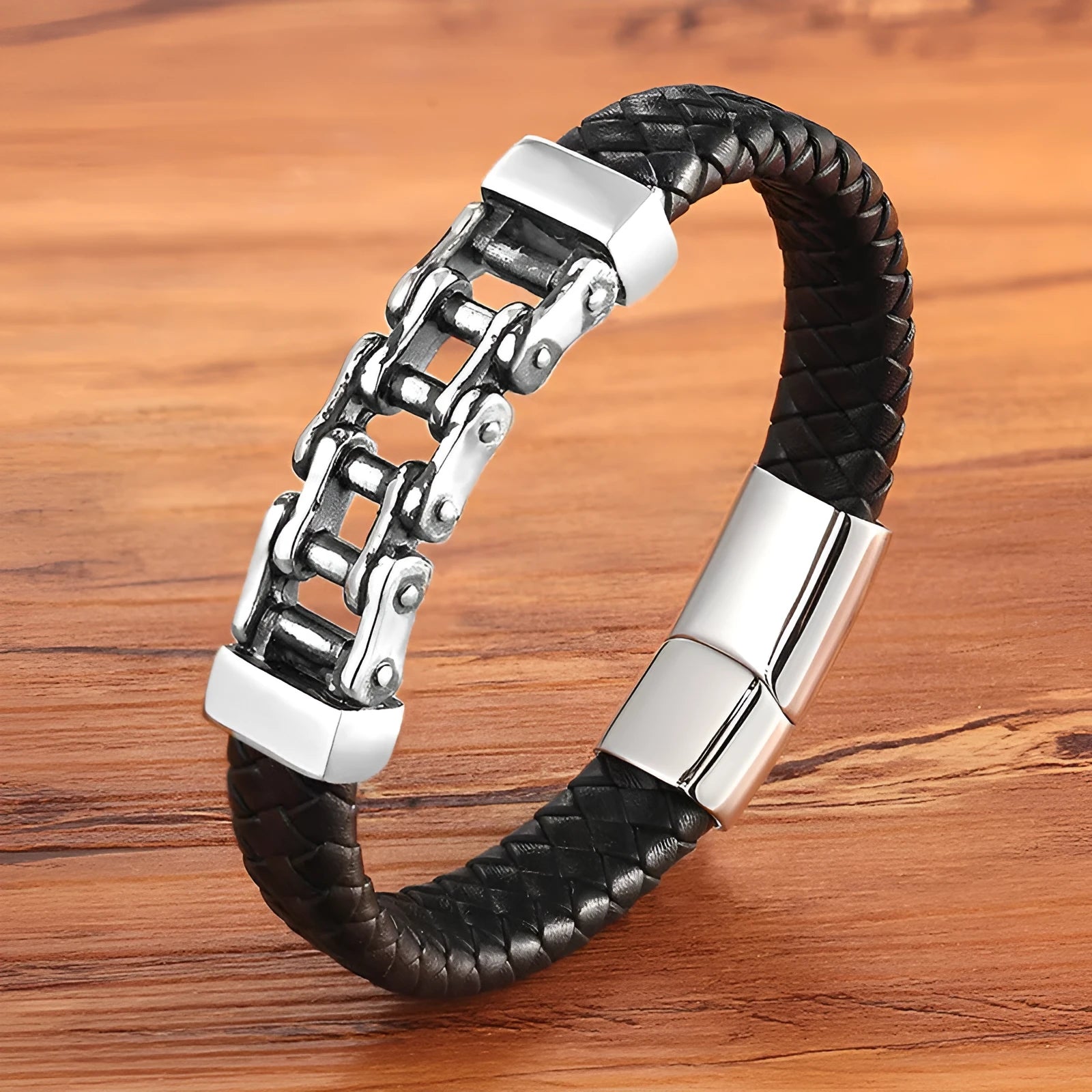 Men's black leather braided magnetic bracelet with titanium steel inlay, U-shape design, 19cm size option