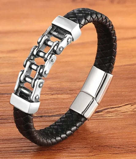 Men's black leather braided magnetic bracelet with titanium steel inlay, U-shape design, 19cm size option