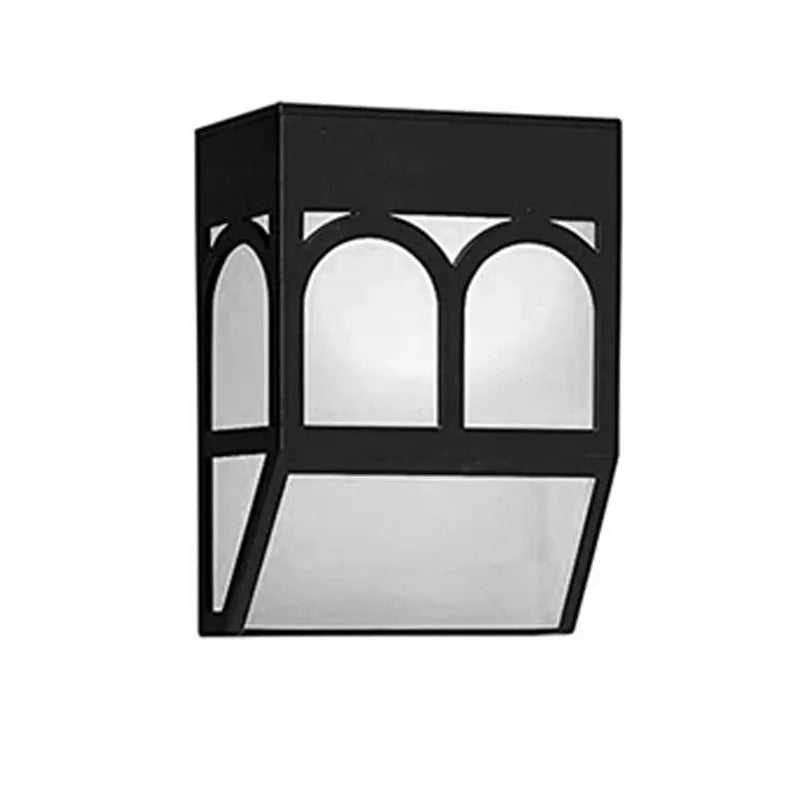 Square white solar-powered outdoor wall lamp mounted on a wooden fence post.