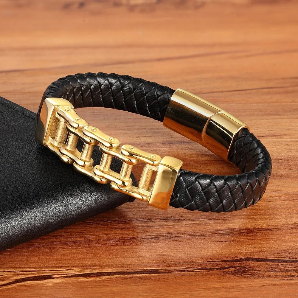 Men's black leather braided magnetic bracelet with titanium steel inlay, U-shape design, 19cm size option