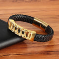 Men's black leather braided magnetic bracelet with titanium steel inlay, U-shape design, 19cm size option