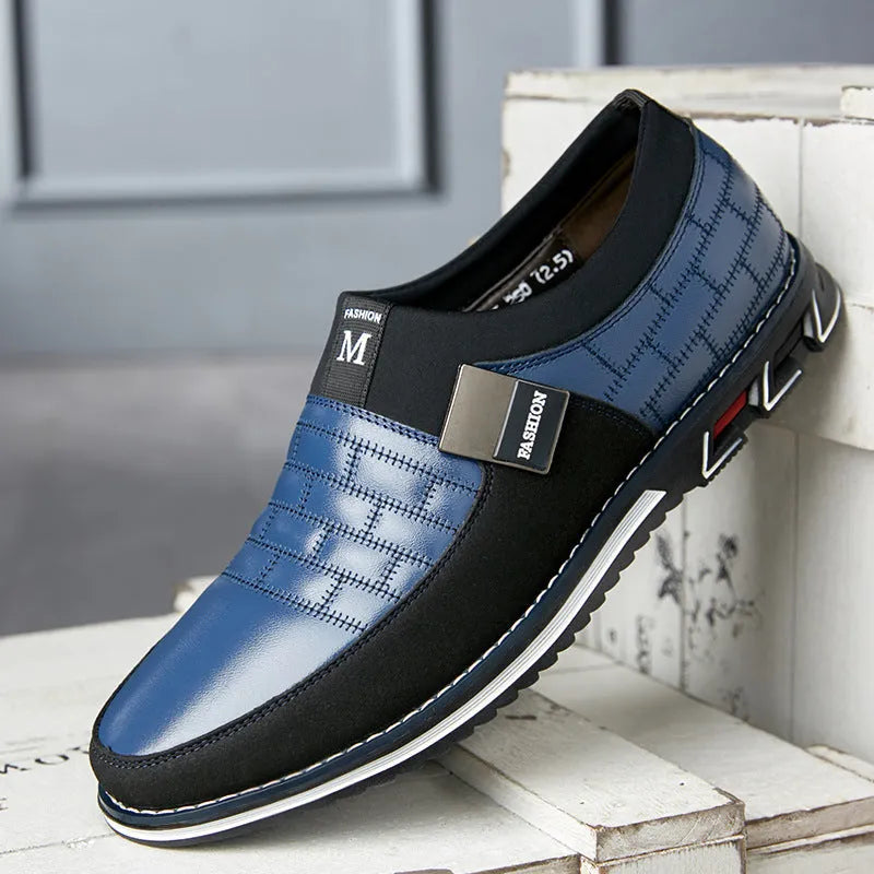 Men's casual leather shoes in black, blue, and brown colours showing low-cut design