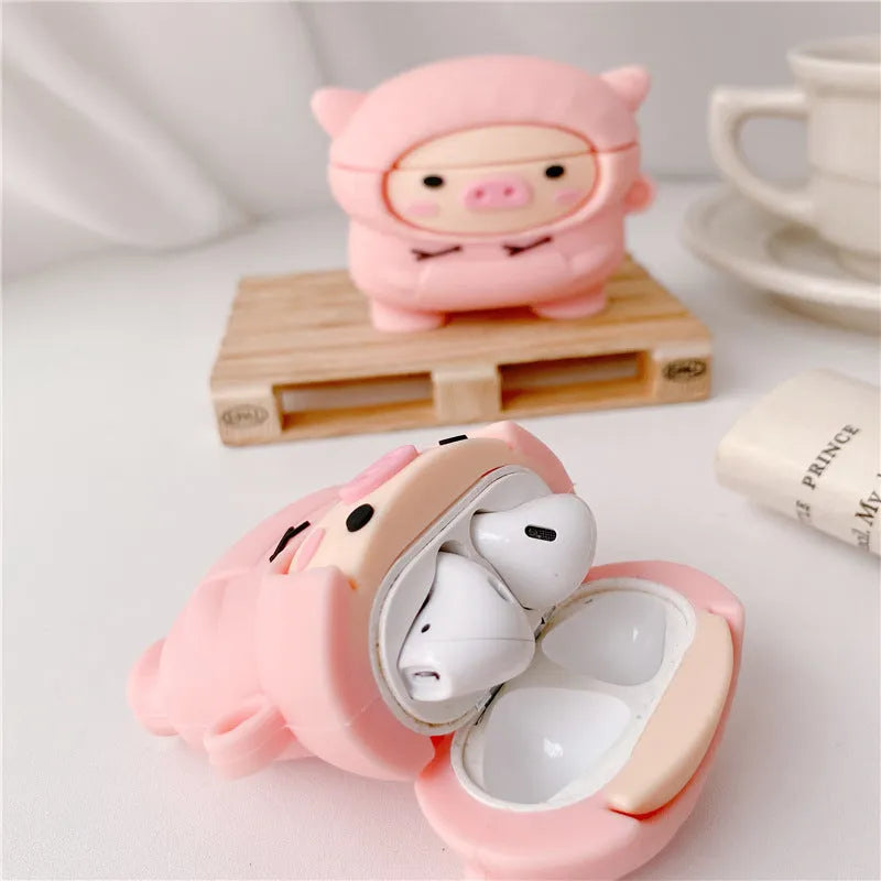 Cartoon pink pig silicone cover for AirPods with attached metal carrying hook
