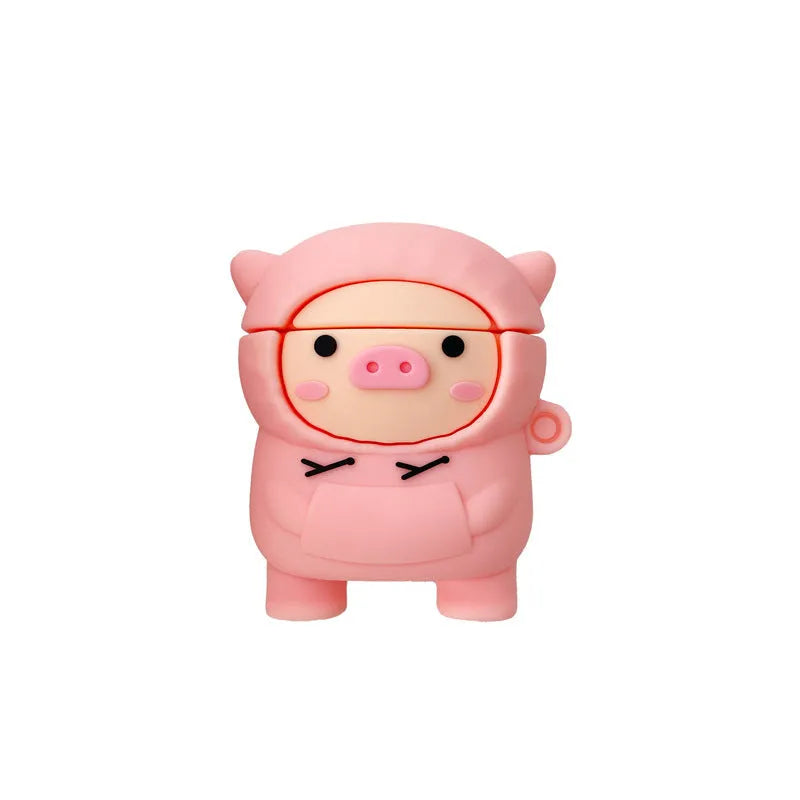 Cartoon pink pig silicone cover for AirPods with attached metal carrying hook