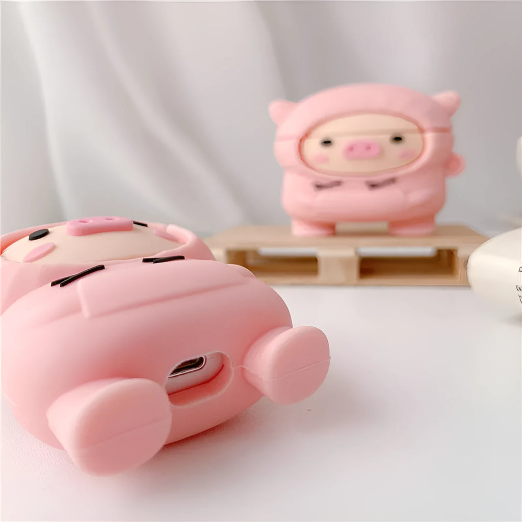 Cartoon pink pig silicone cover for AirPods with attached metal carrying hook