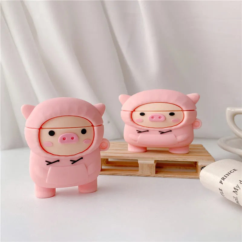 Cartoon pink pig silicone cover for AirPods with attached metal carrying hook