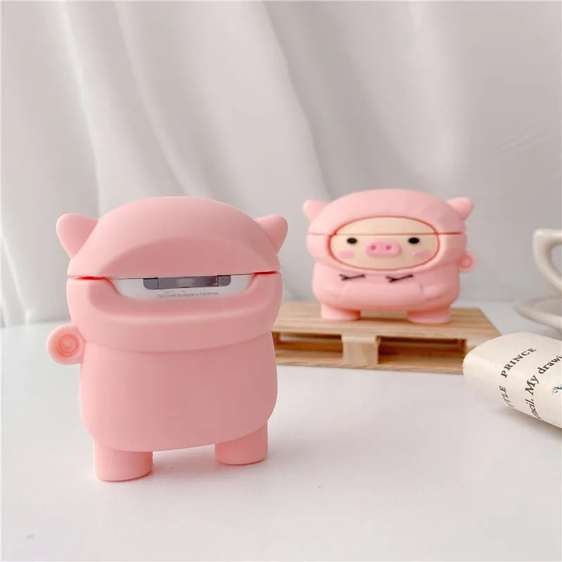 Cartoon pink pig silicone cover for AirPods with attached metal carrying hook