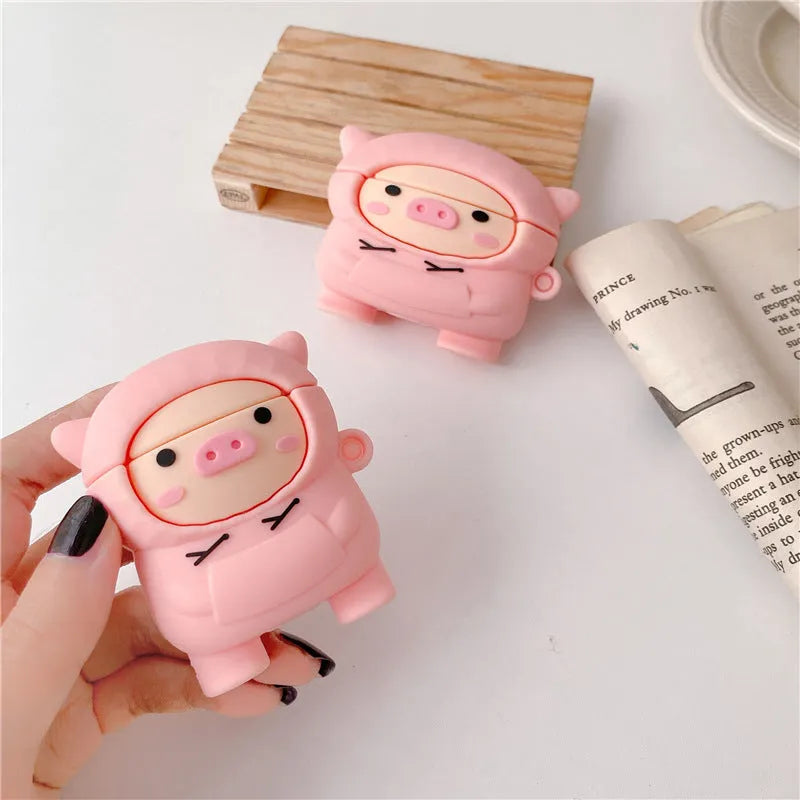 Cartoon pink pig silicone cover for AirPods with attached metal carrying hook