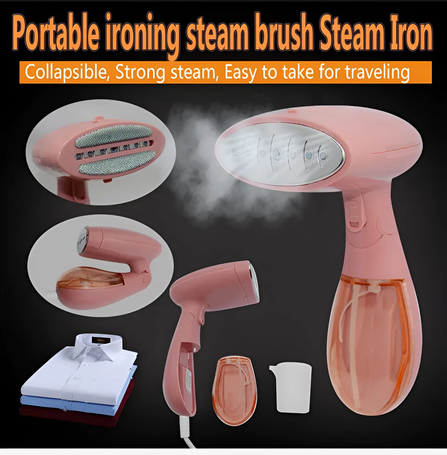Pink Sokany portable ironing brush with steam function and built-in smoothing surface