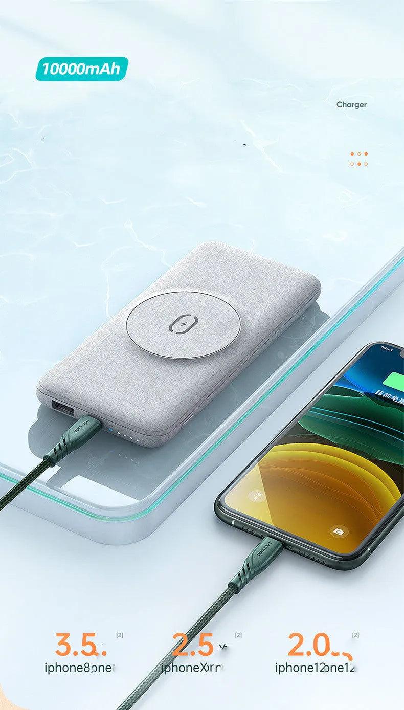 Mint green MagSafe-compatible magnetic wireless power bank with back clip showing dimensions
