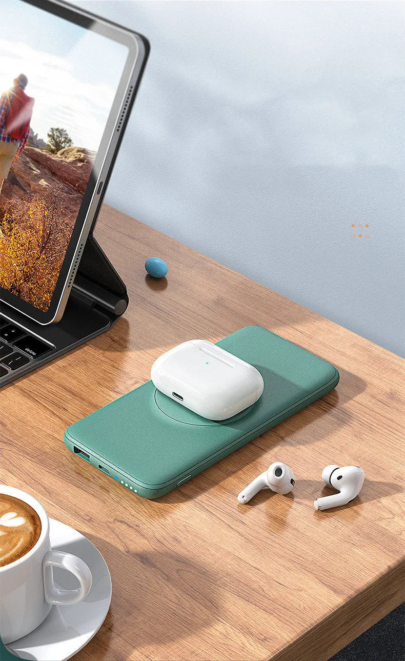 Mint green MagSafe-compatible magnetic wireless power bank with back clip showing dimensions