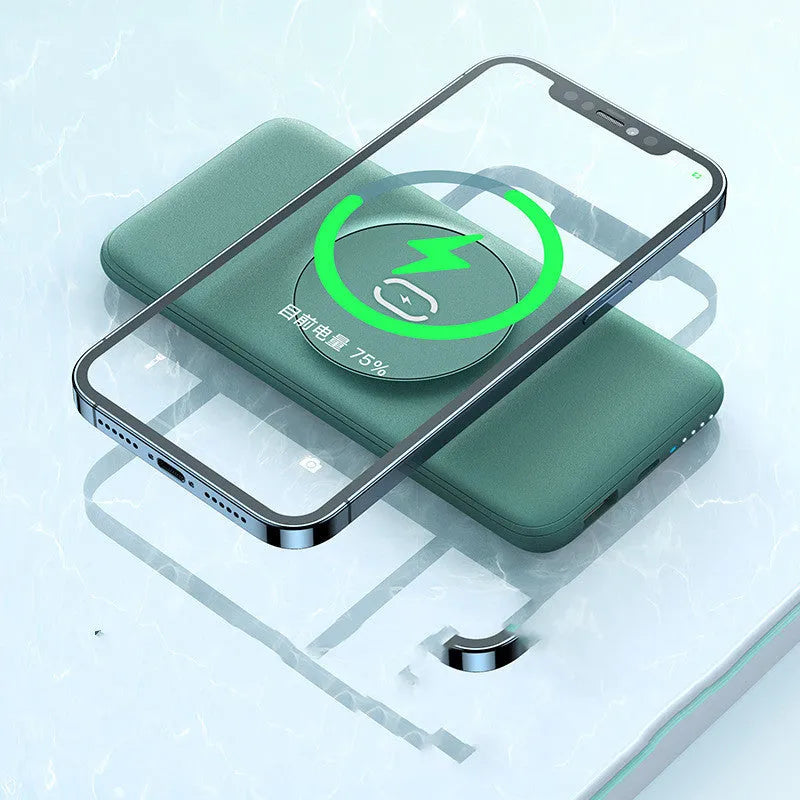 Mint green MagSafe-compatible magnetic wireless power bank with back clip showing dimensions