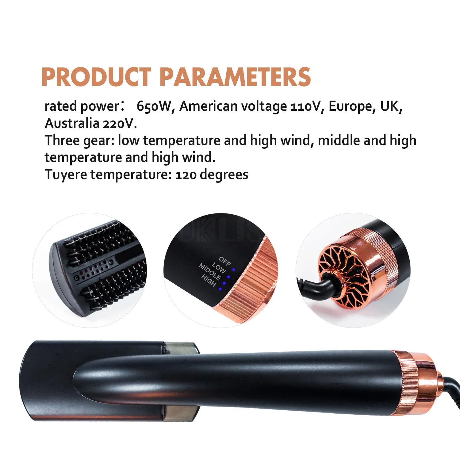 Black and pink infrared hot air comb with tourmaline ceramic heat conductor and temperature control