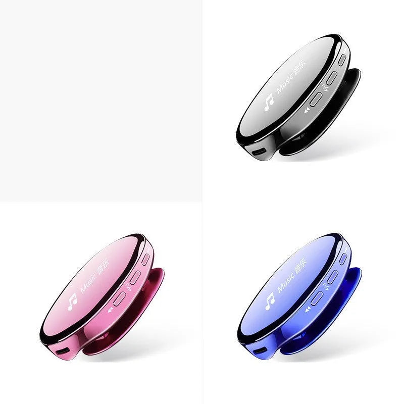 Black, blue, or rose gold portable Bluetooth MP4 music player with OLED screen and push buttons.