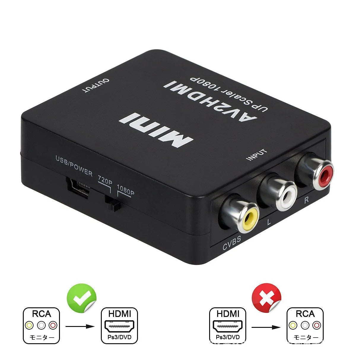 Black and white mini AV to HDMI converter with short cable for 1080P TV connection