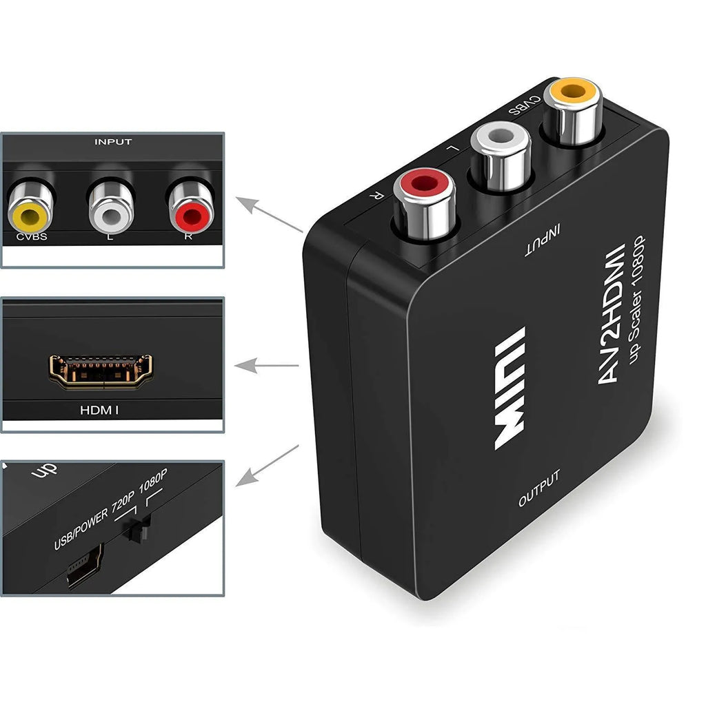 Black and white mini AV to HDMI converter with short cable for 1080P TV connection