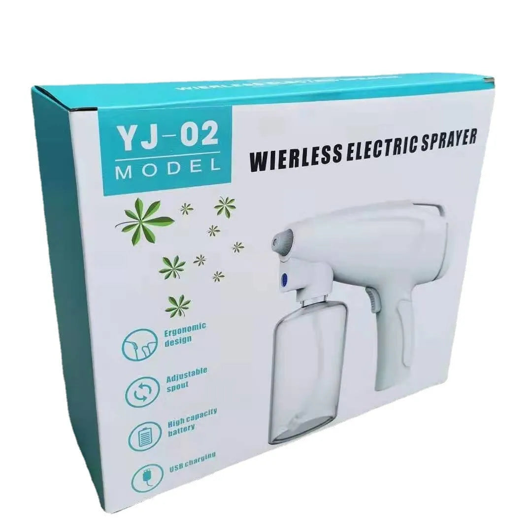 White handheld wireless electric disinfectant spray gun with USB charging port.