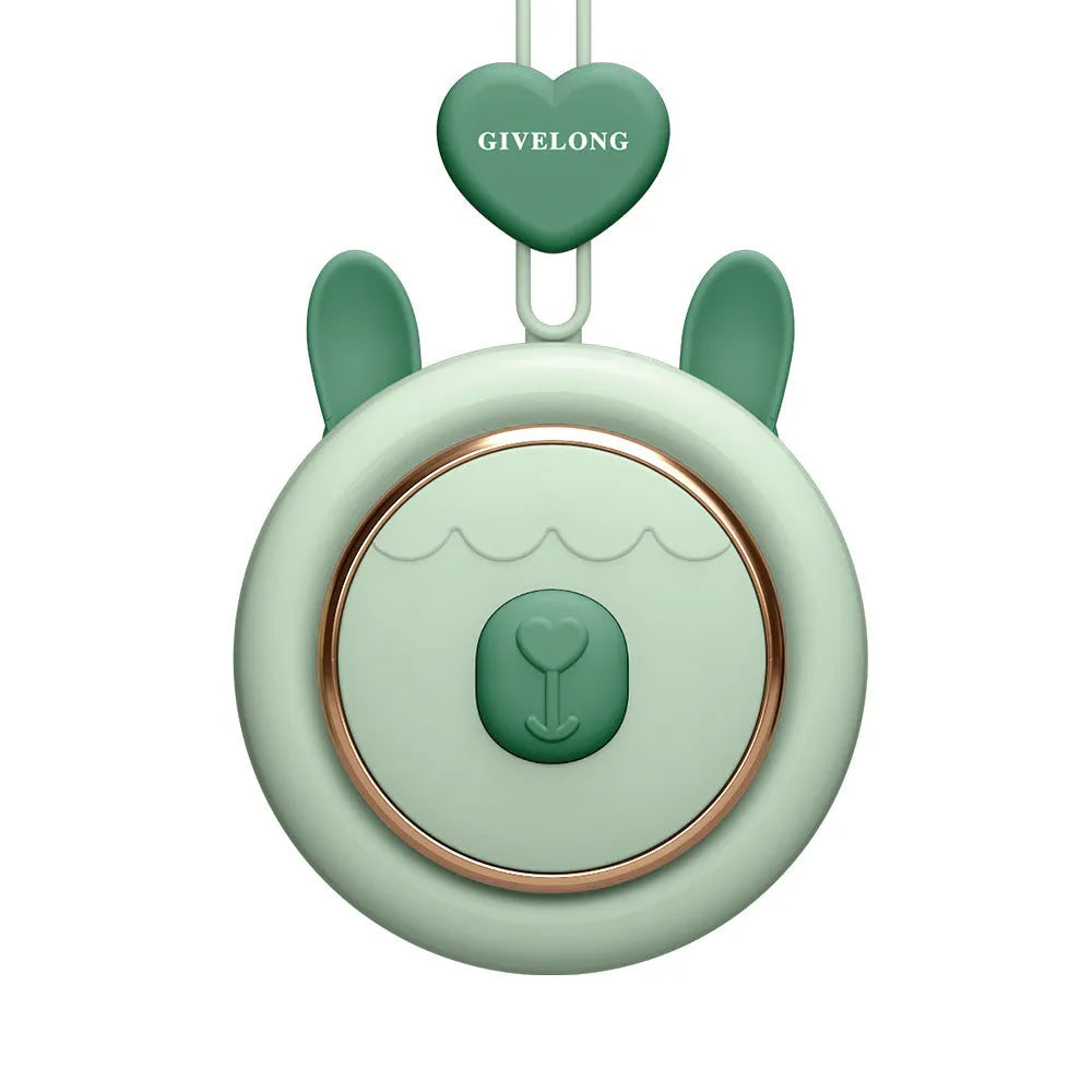 Mini bladeless neck fan with hanging rope showing USB charging port and colour variations