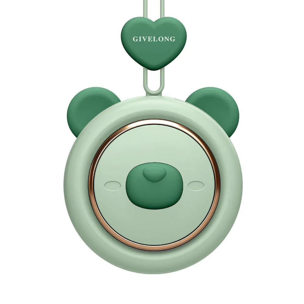 Mini bladeless neck fan with hanging rope showing USB charging port and colour variations