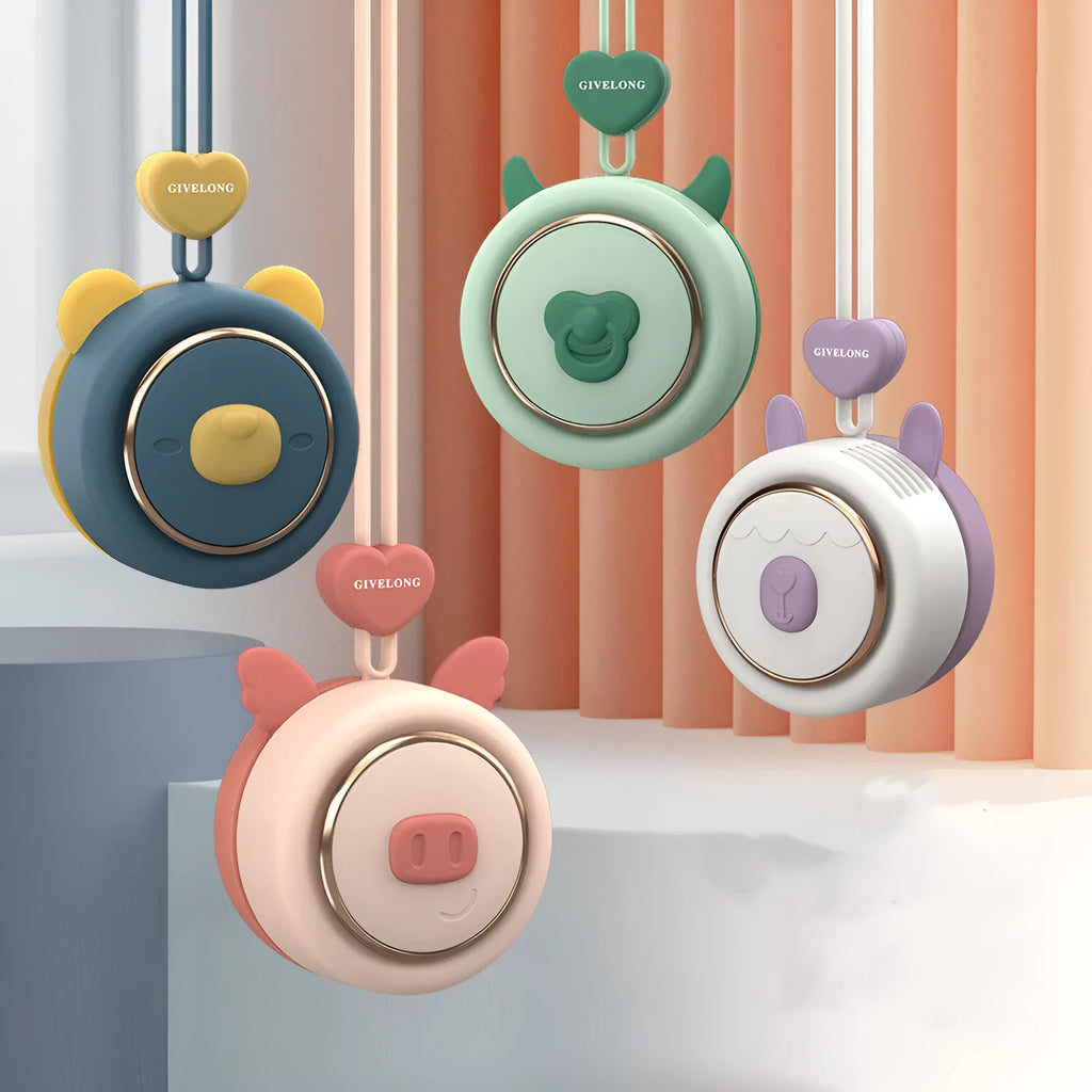 Mini bladeless neck fan with hanging rope showing USB charging port and colour variations