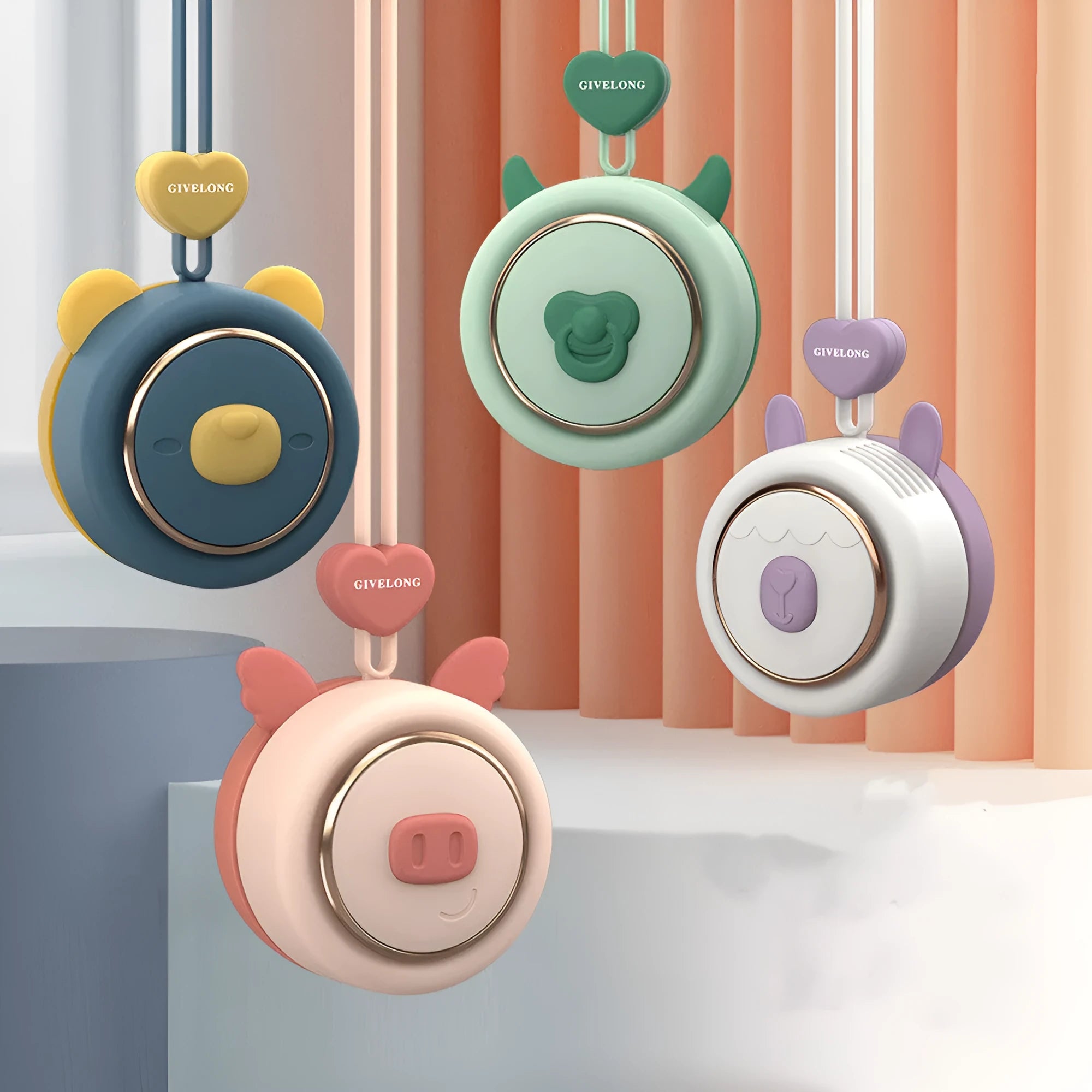 Mini bladeless neck fan with hanging rope showing USB charging port and colour variations