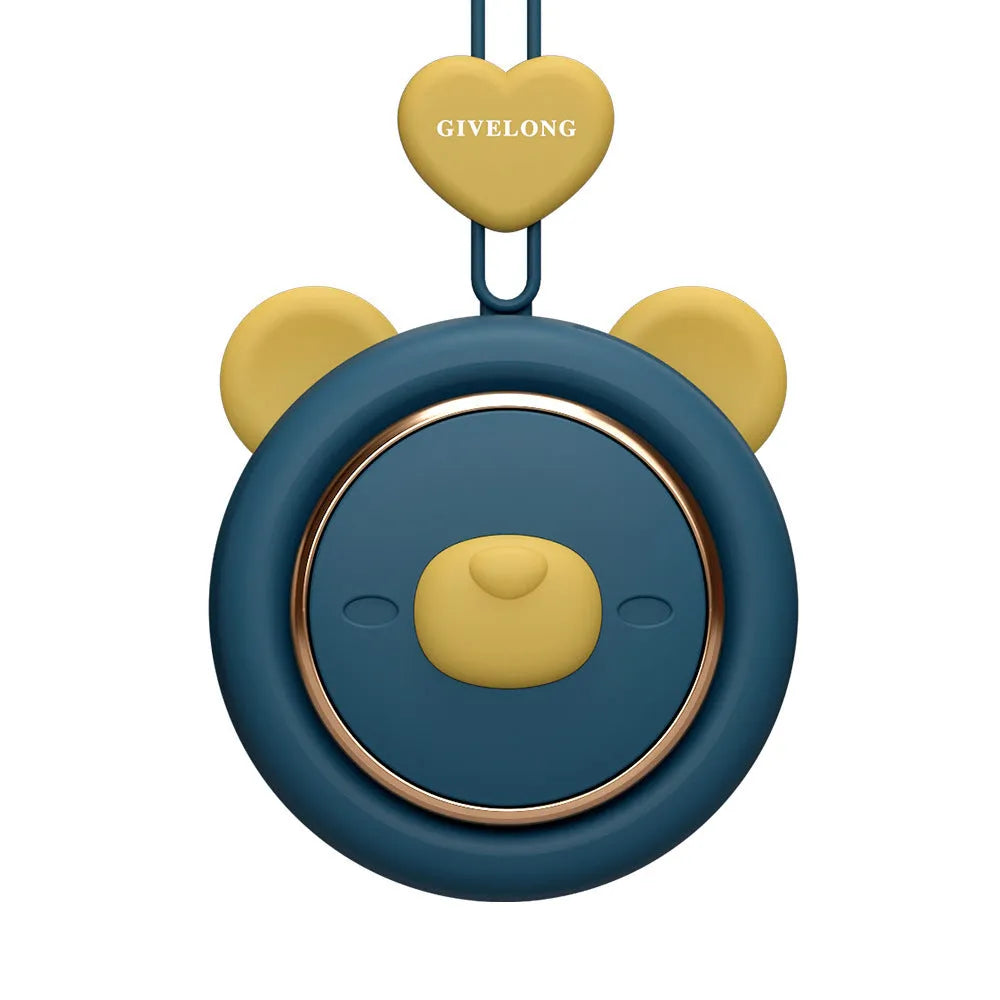 Mini bladeless neck fan with hanging rope showing USB charging port and colour variations