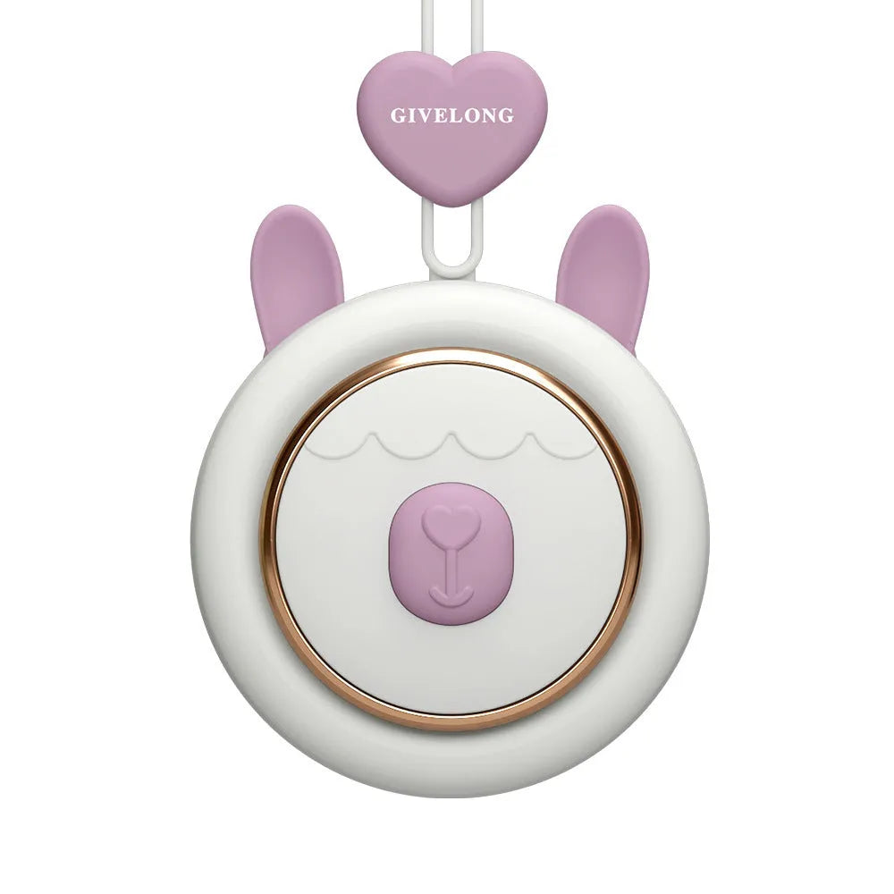 Mini bladeless neck fan with hanging rope showing USB charging port and colour variations