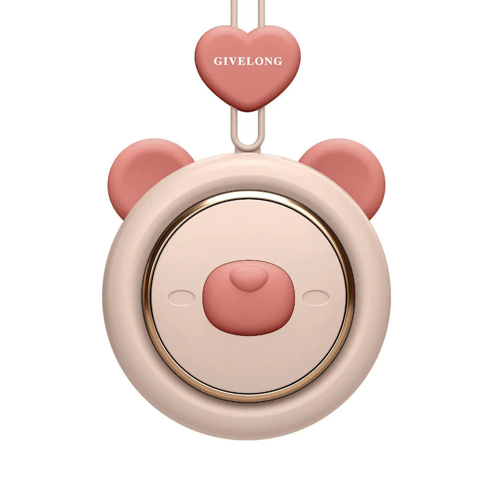 Mini bladeless neck fan with hanging rope showing USB charging port and colour variations