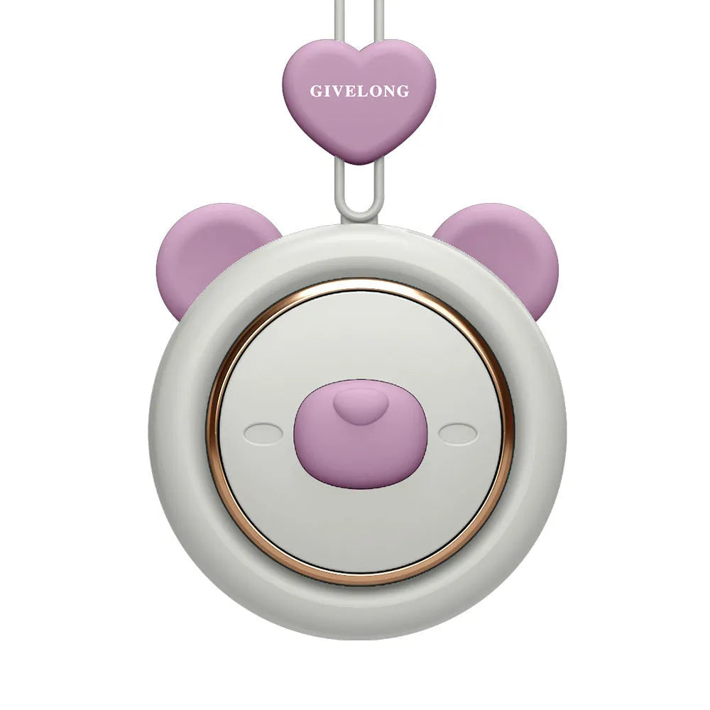 Mini bladeless neck fan with hanging rope showing USB charging port and colour variations