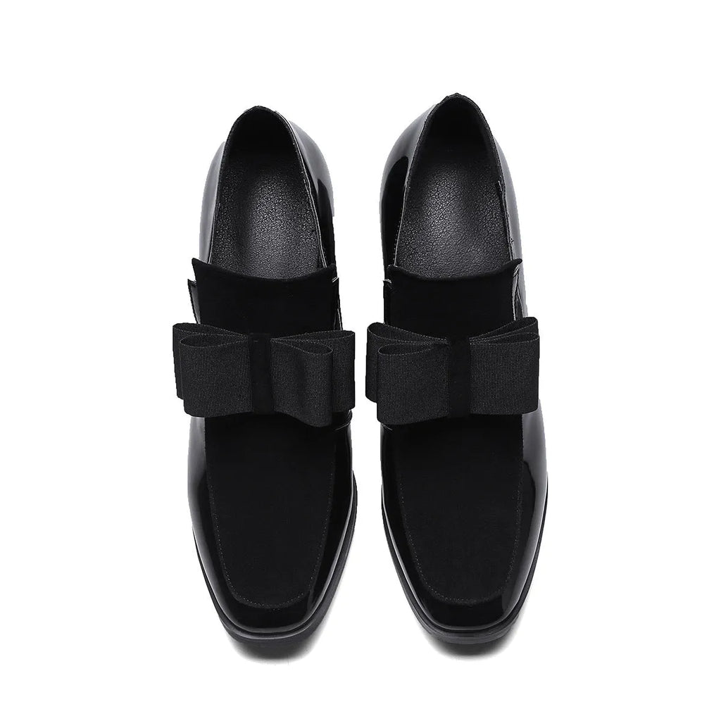 Women's black patent leather high heels with thick heel and square toe design